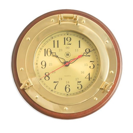Bey Berk International Bey-Berk International Brass Porthole Quartz Clock on Dark Cherry Wood SQ500